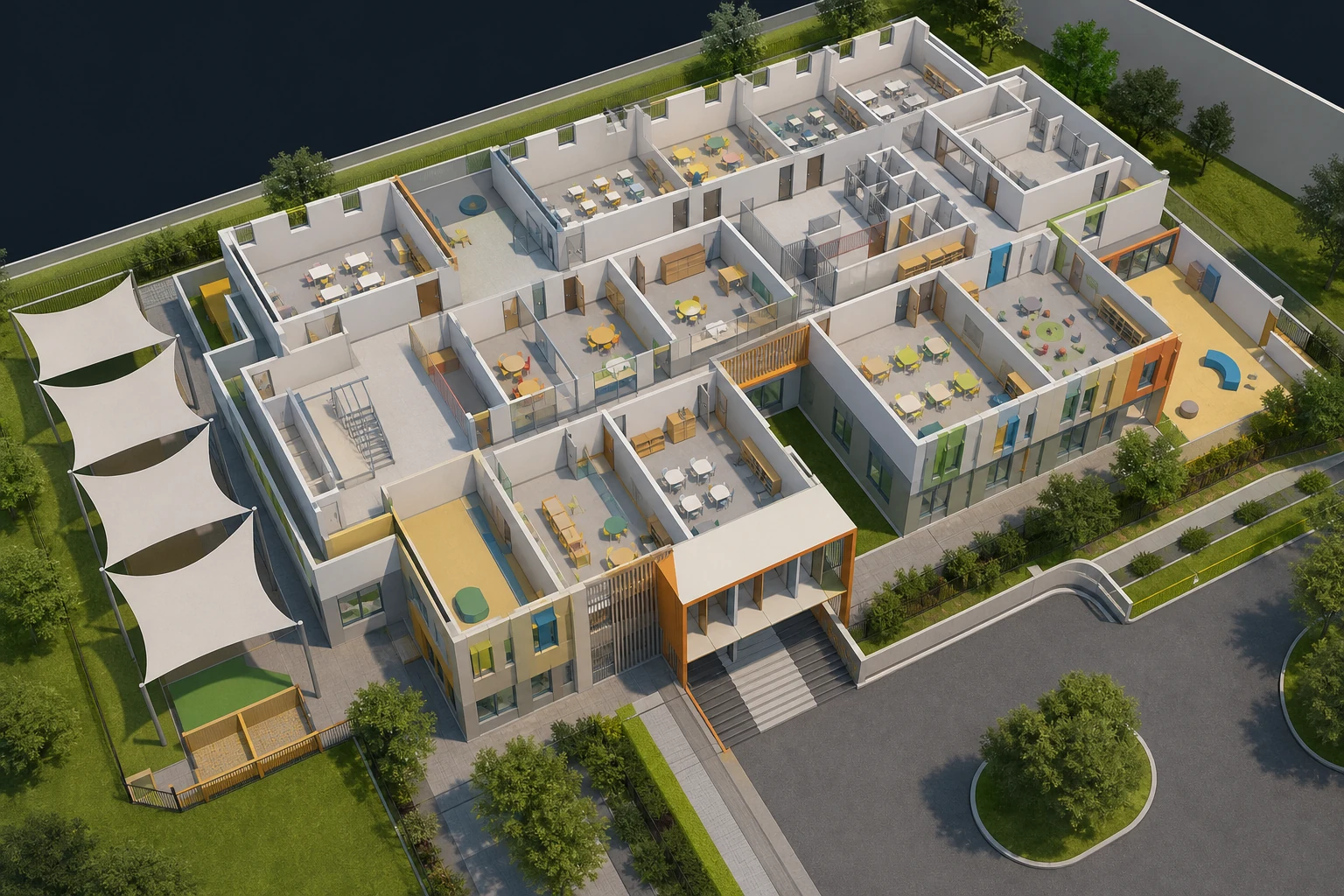 Educational Facility opposite-side exterior view showing opposite elevation and accessible route