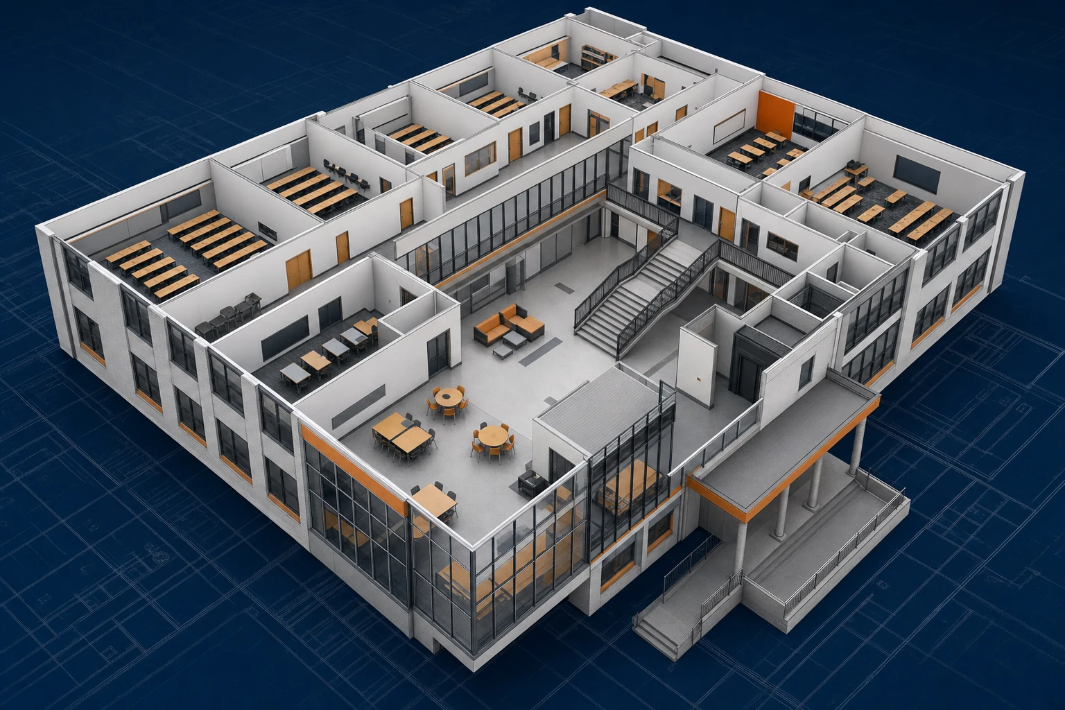 Educational Facility architectural model showing classroom planning, activity spaces and circulation
