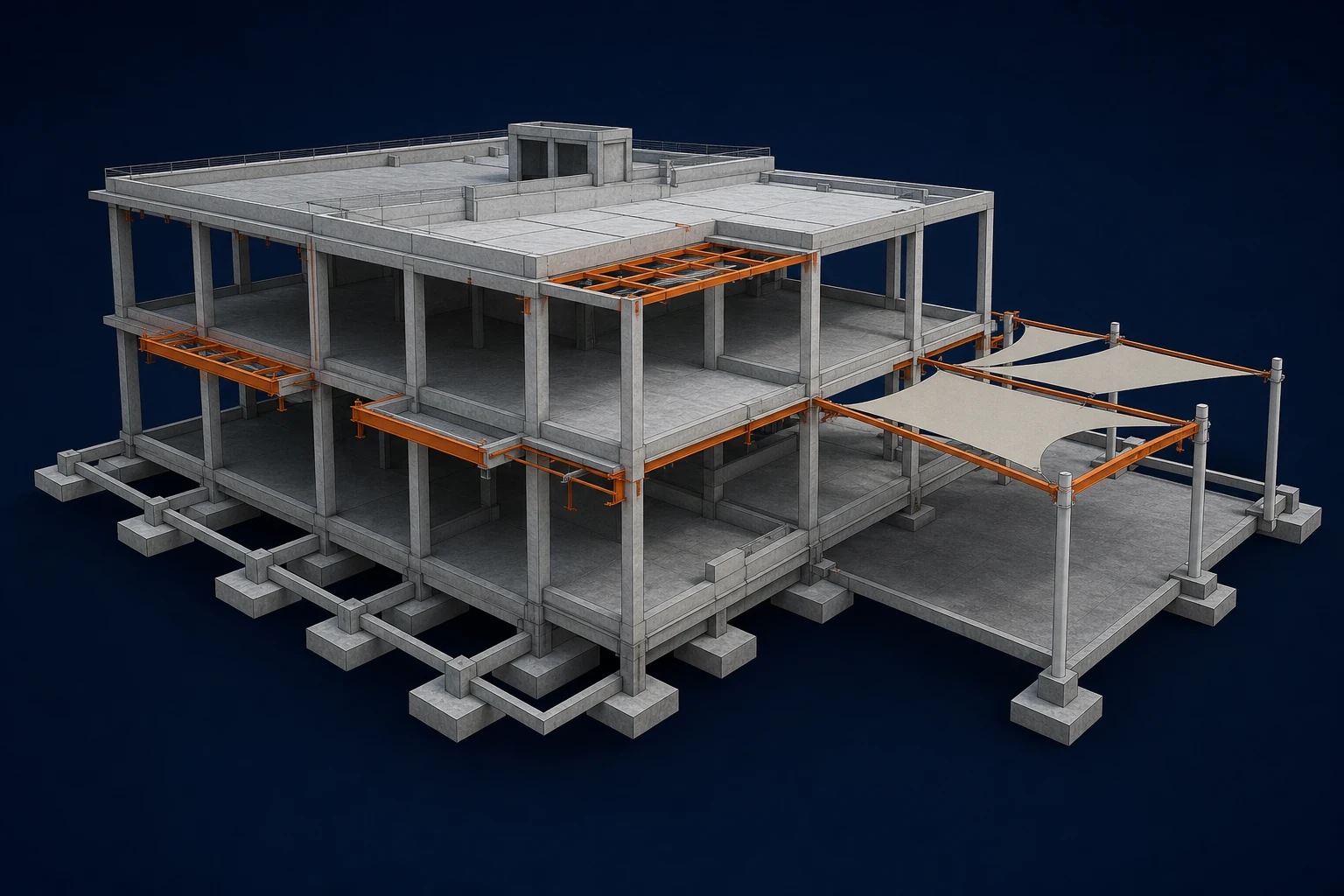 Educational Facility structural model showing concrete frame and foundations