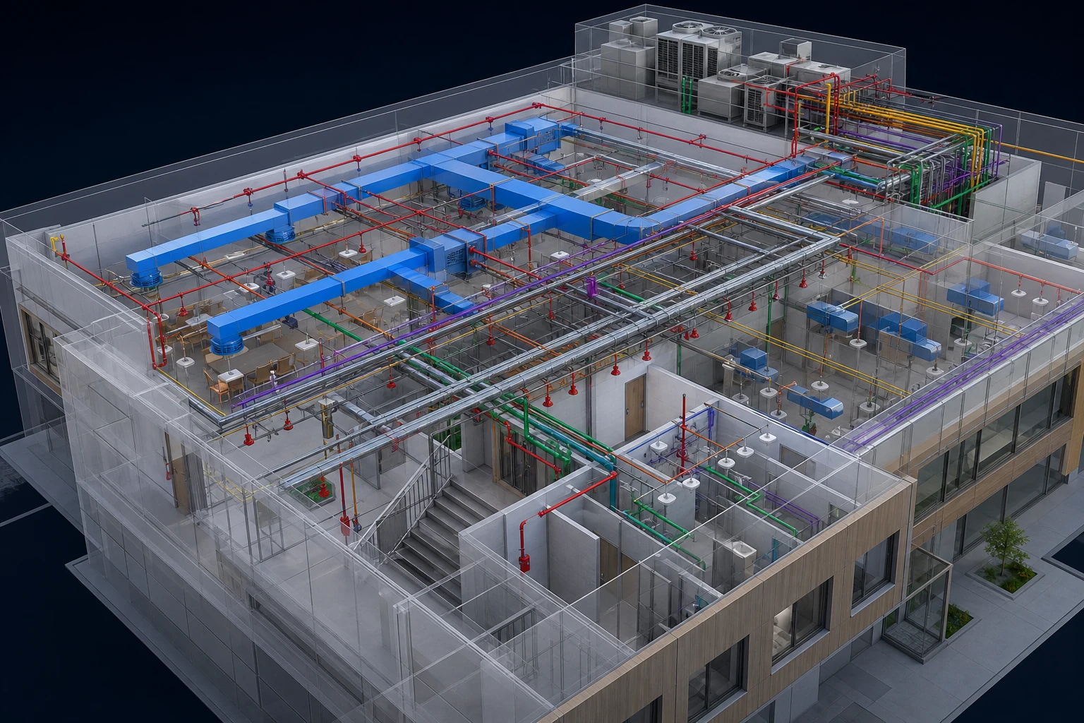 Educational Facility mep coordination showing ceiling services and distribution routes