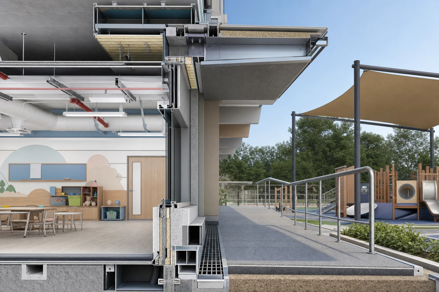 Educational Facility technical close-up showing envelope, ceiling services and external interface