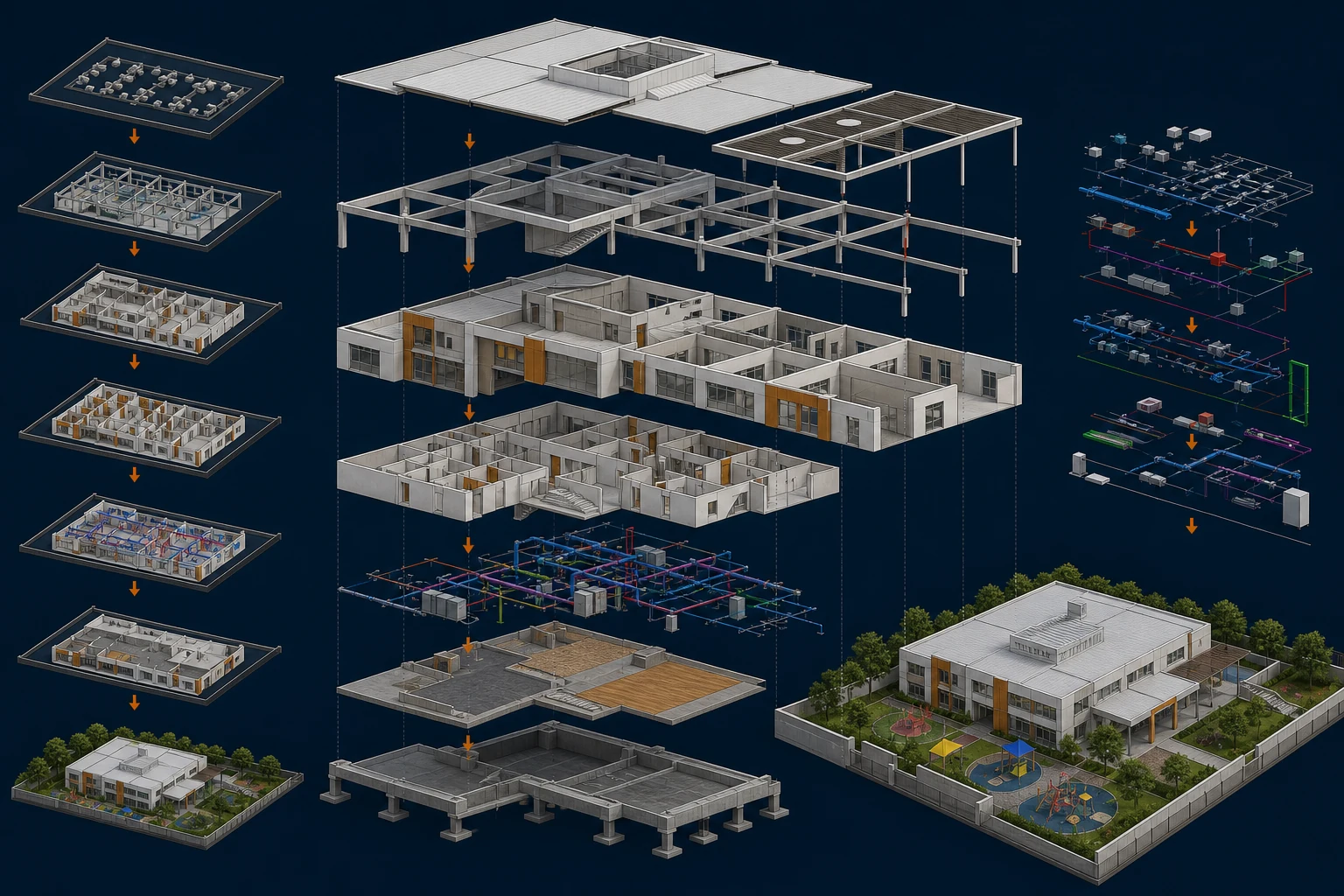 Educational Facility exploded or phased view showing floors, structure, architecture and MEP