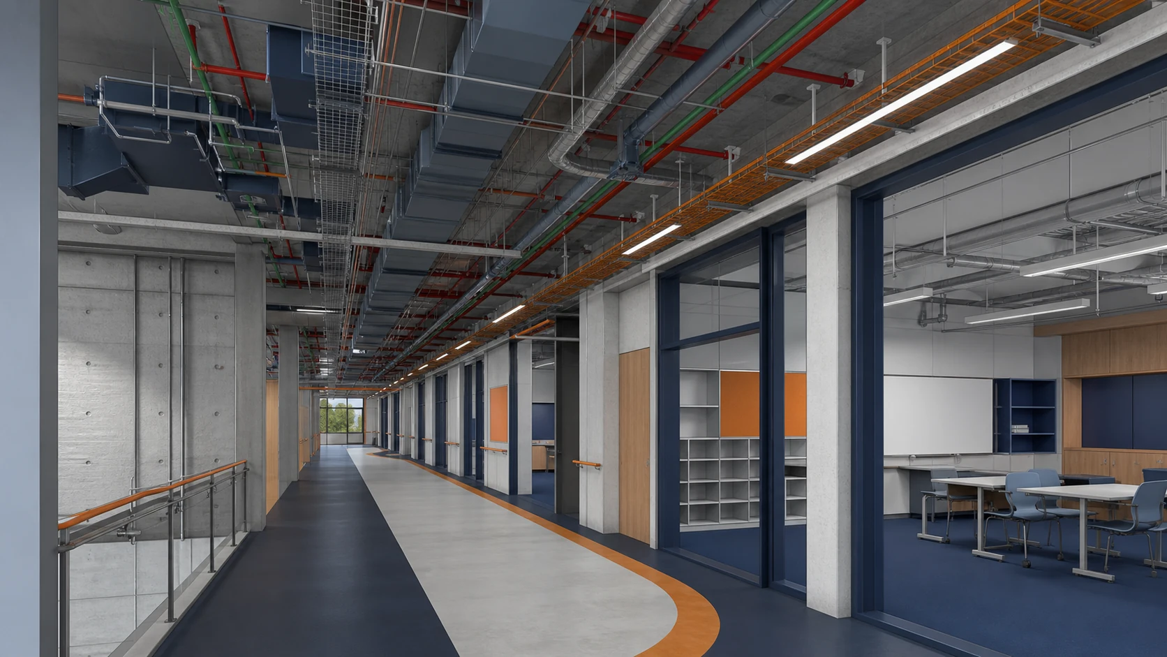 Educational Facility internal coordination view showing corridor headroom and ceiling services