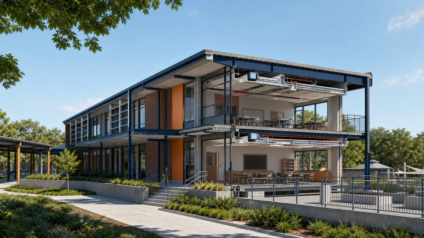 Educational Facility client presentation view showing low-rise educational facility presentation