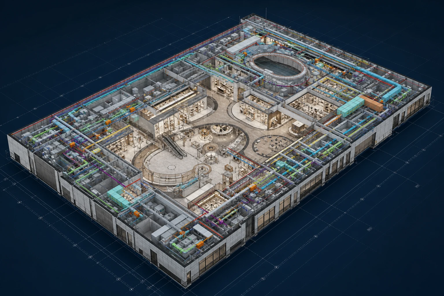 Luxury Commercial Interior overall federated model showing retail planning, ceiling systems, joinery and services