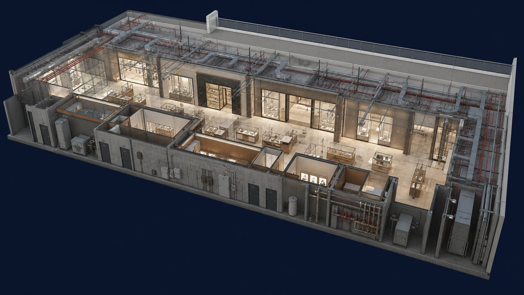Luxury Commercial Interior opposite-side exterior view showing luxury fit-out from the rear service edge