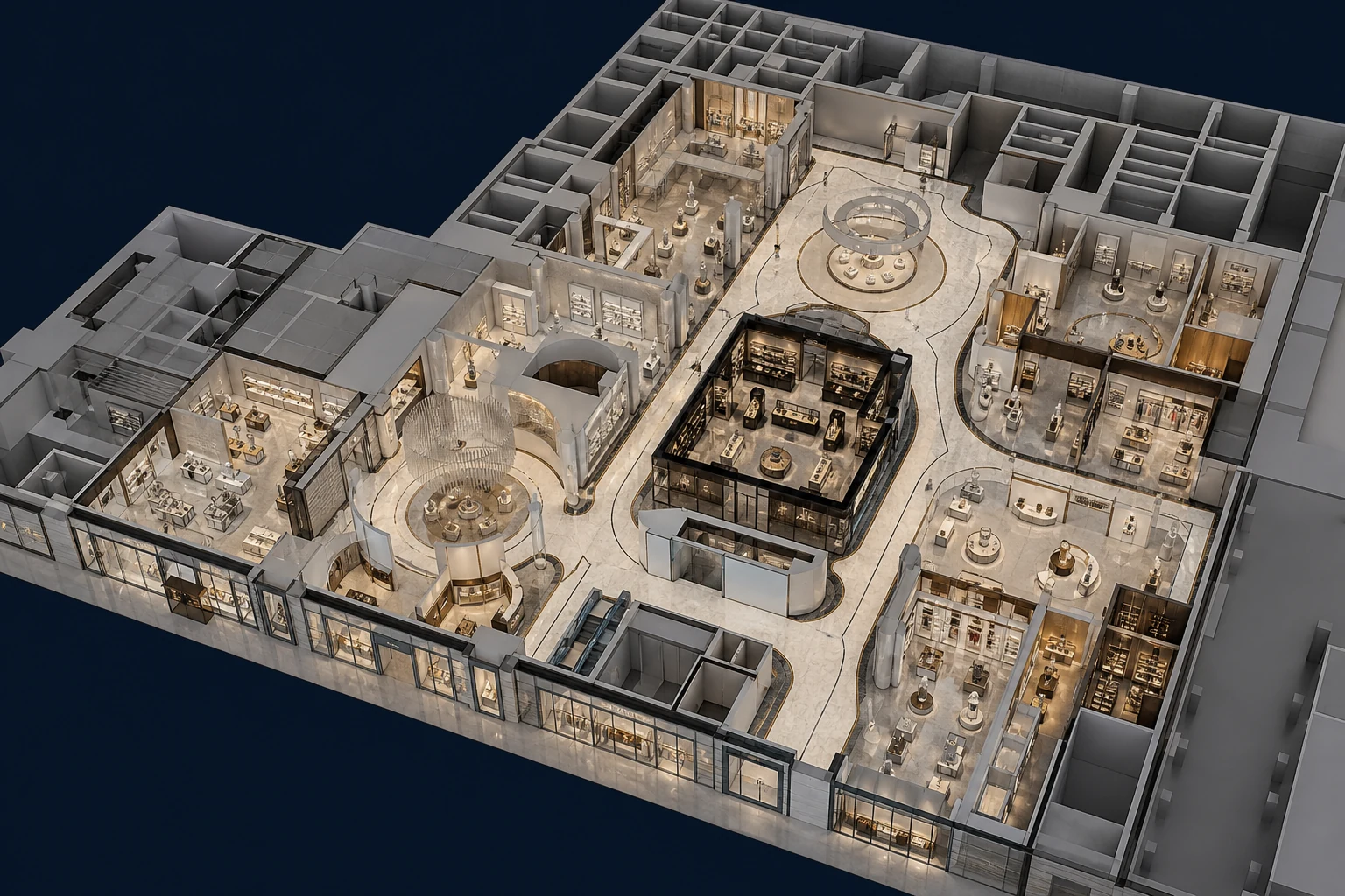 Luxury Commercial Interior architectural model showing retail planning, circulation and joinery