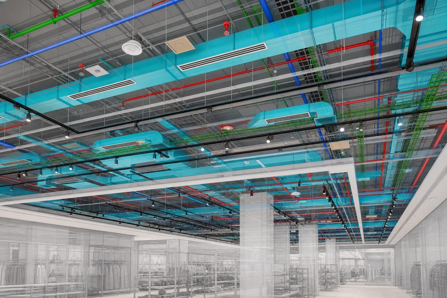 Luxury Commercial Interior mep coordination showing HVAC, lighting, fire protection and containment