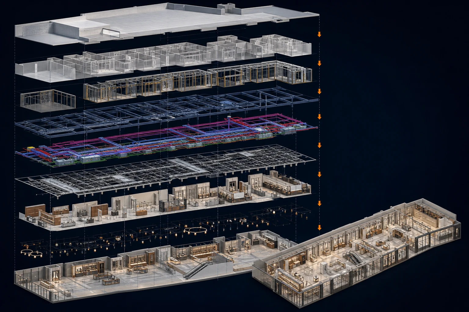 Luxury Commercial Interior exploded or phased view showing finishes, ceiling systems, services and supports