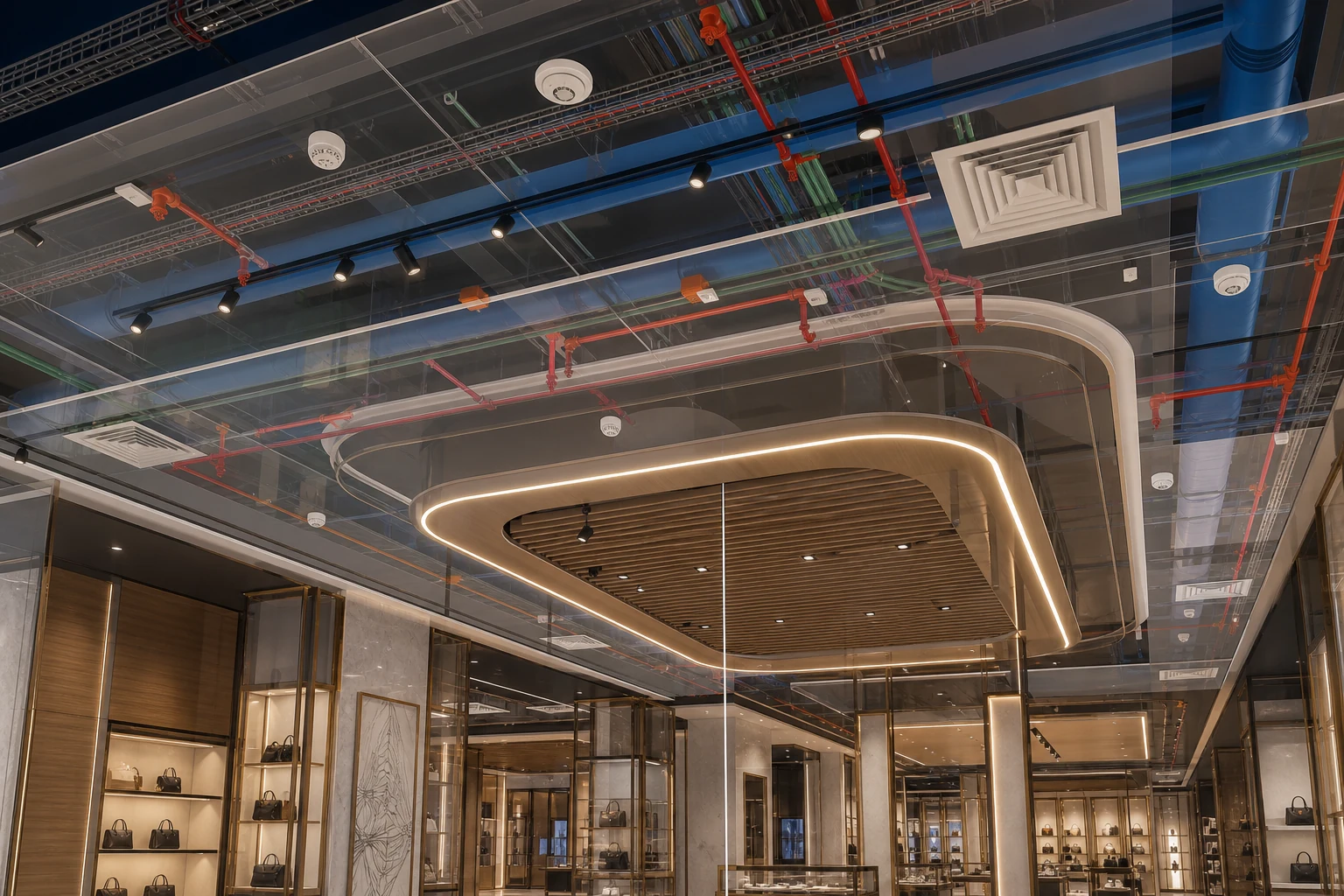 Luxury Commercial Interior internal coordination view showing ceiling features and building services