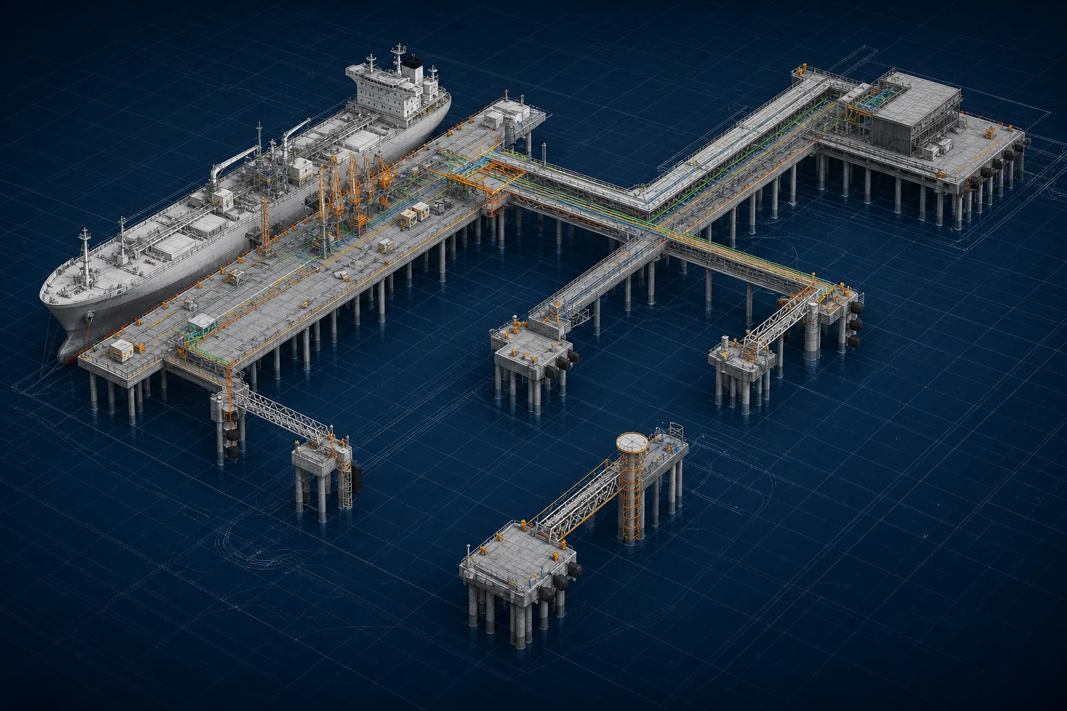 Jetty & Berthing Facility overall federated model showing deck, piles, dolphins, fenders, bollards and utilities