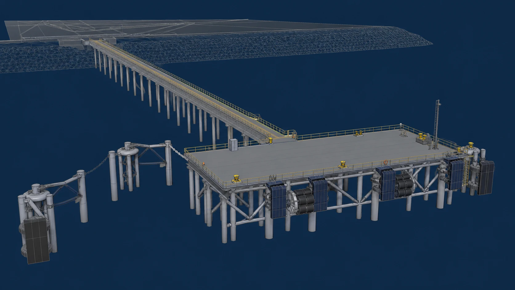 Jetty & Berthing Facility opposite-side exterior view showing seaward view, access trestle and berthing arrangement