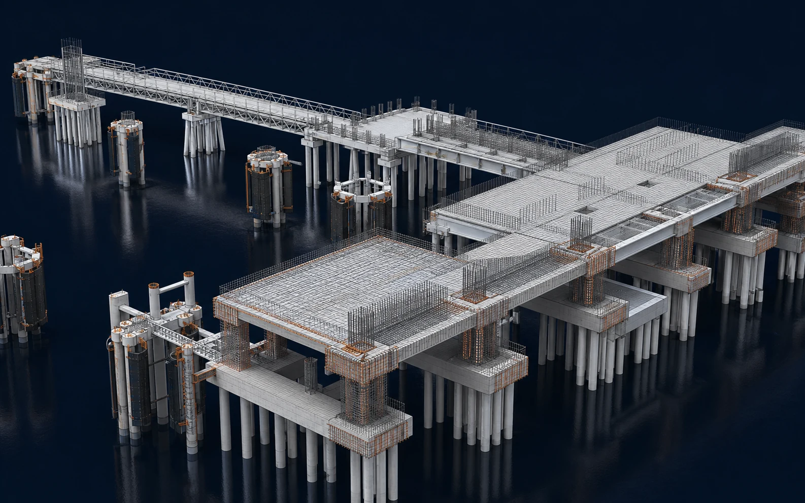 Jetty & Berthing Facility structural model showing deck, piles, dolphins and pile caps