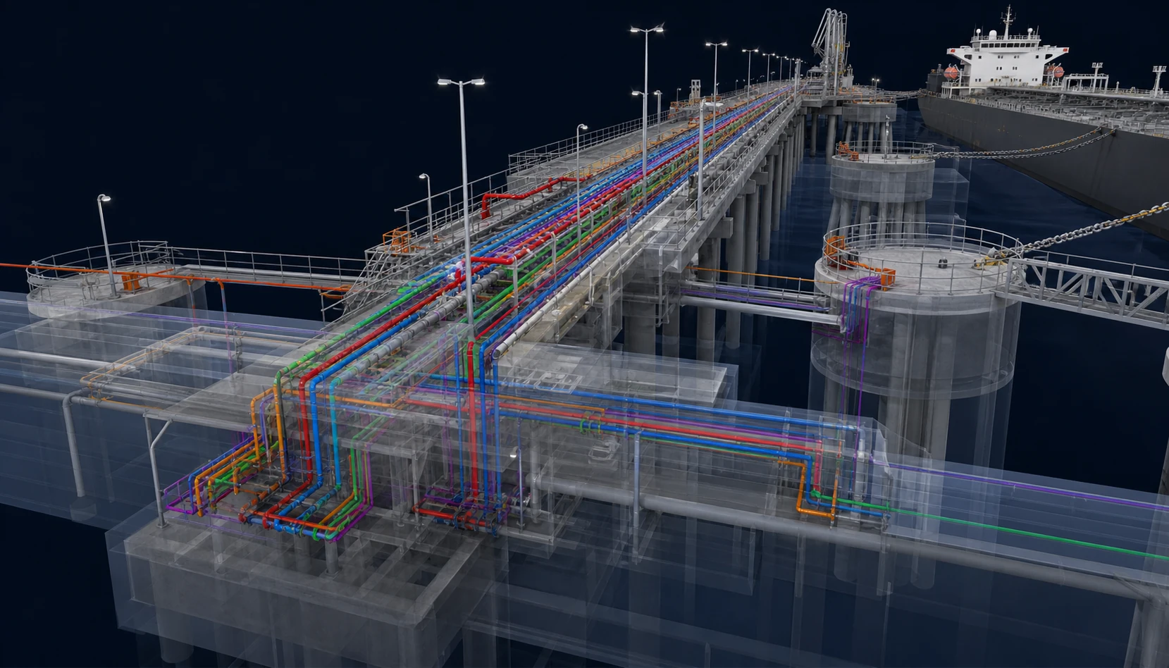 Jetty & Berthing Facility mep coordination showing services routed along the jetty and trestle