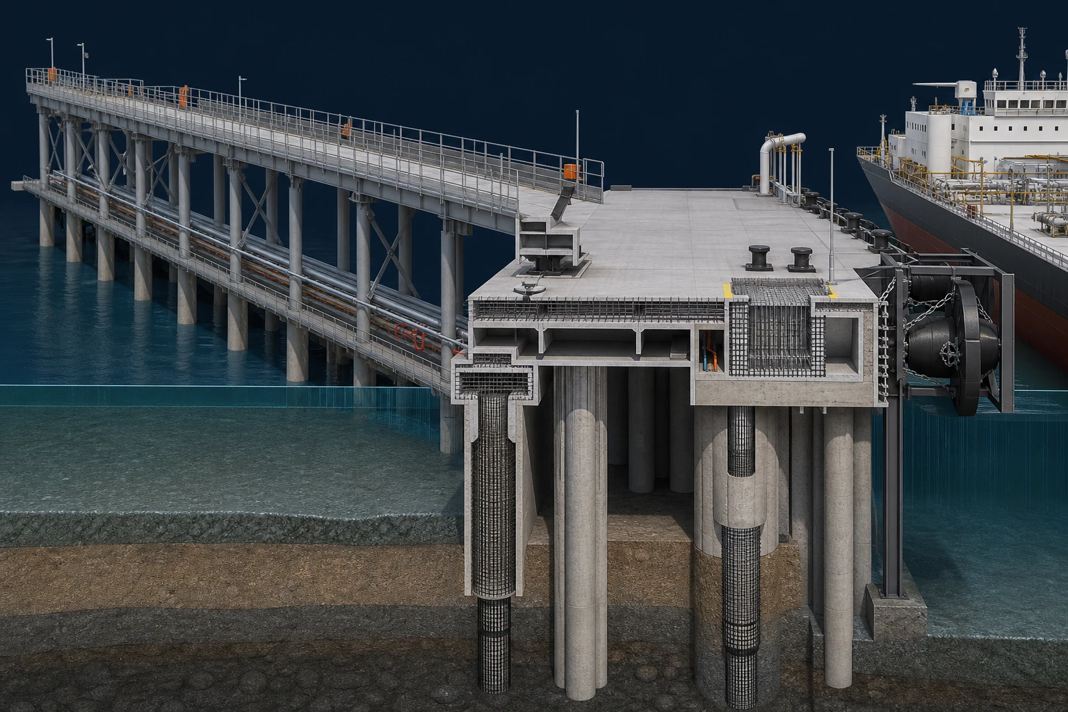 Jetty & Berthing Facility section box showing deck, piles, waterline and foundations