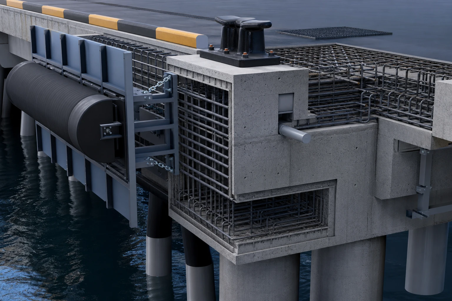 Jetty & Berthing Facility technical close-up showing fender, bollard, reinforcement and deck edge