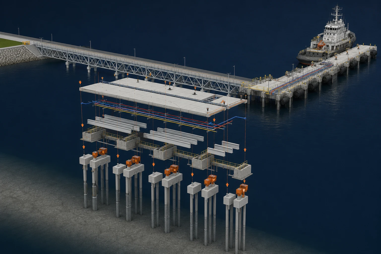 Jetty & Berthing Facility exploded or phased view showing piles, caps, deck, dolphins and equipment