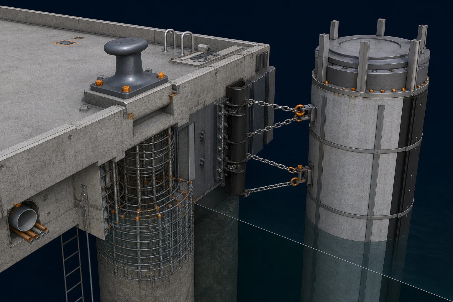 Jetty & Berthing Facility internal coordination view showing pile-cap, bollard and fender connection