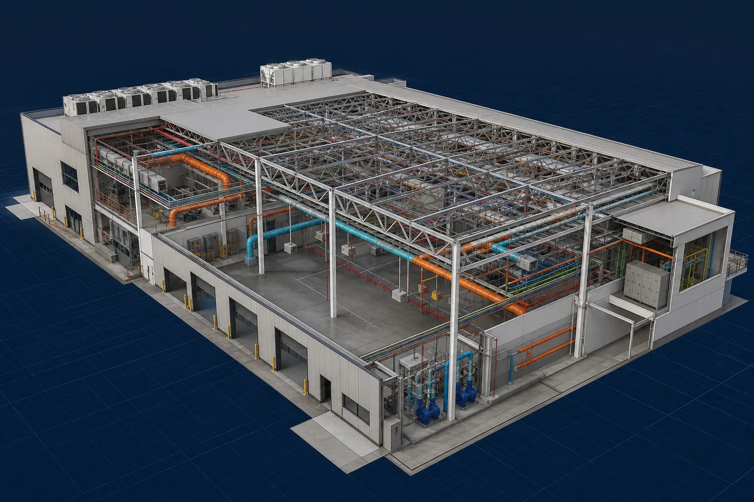 Large-Span Industrial Facility overall federated model showing long-span roof, clear floor and high-level services