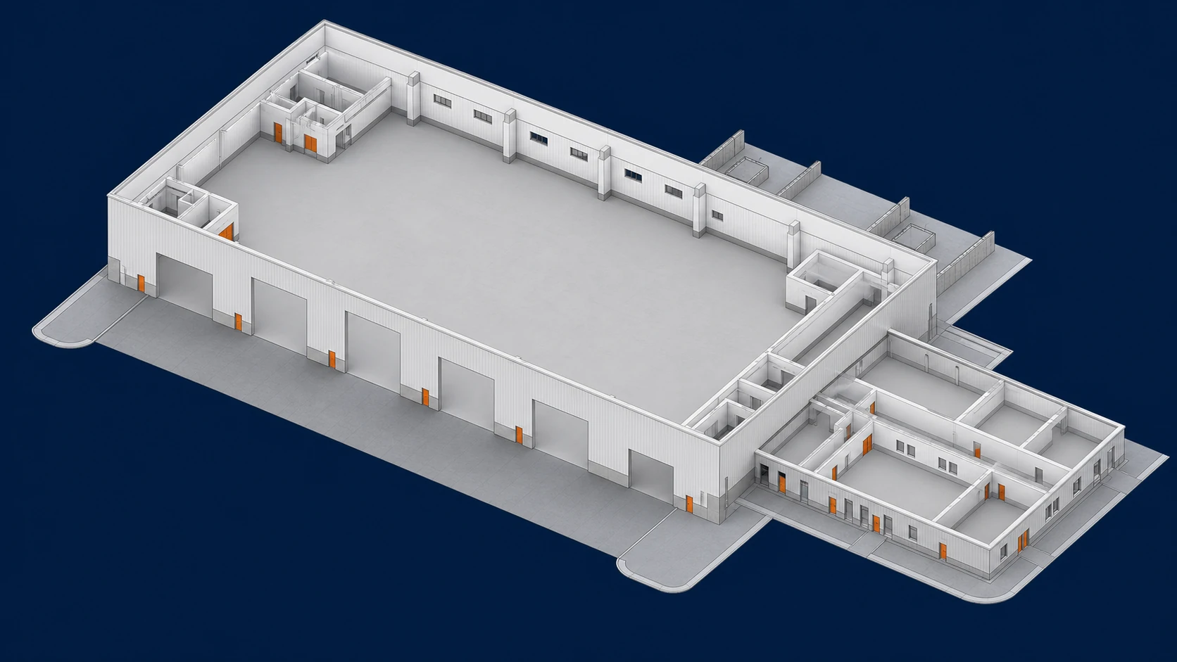 Large-Span Industrial Facility architectural model showing large-span enclosure, access and maintenance zones