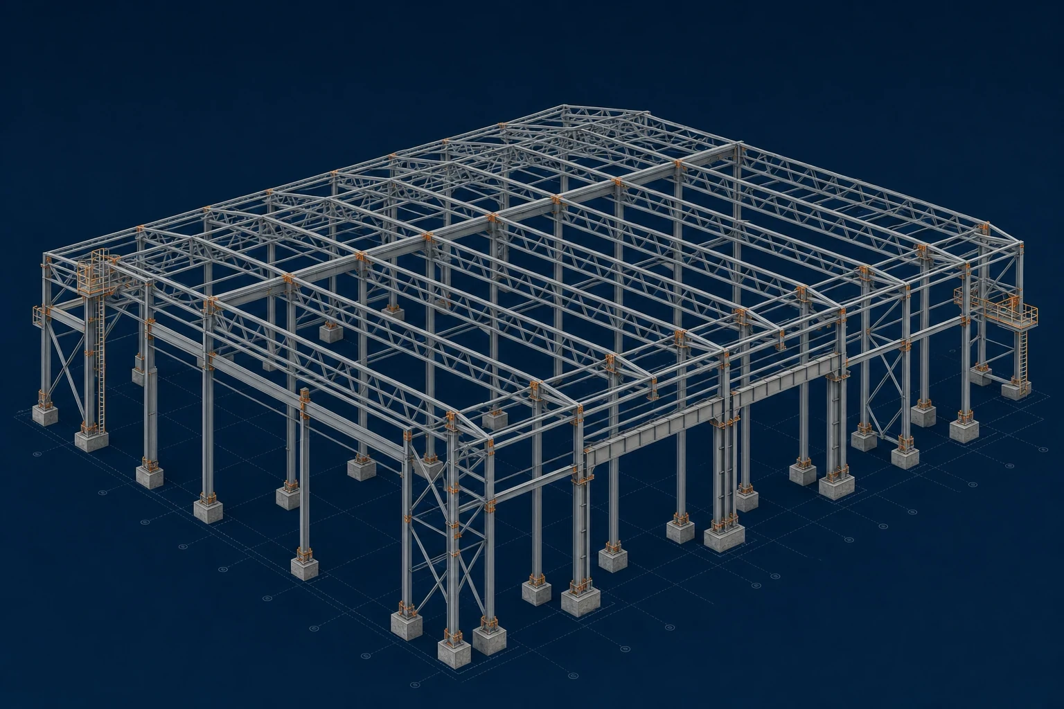 Large-Span Industrial Facility structural model showing steel roof trusses, columns and foundations
