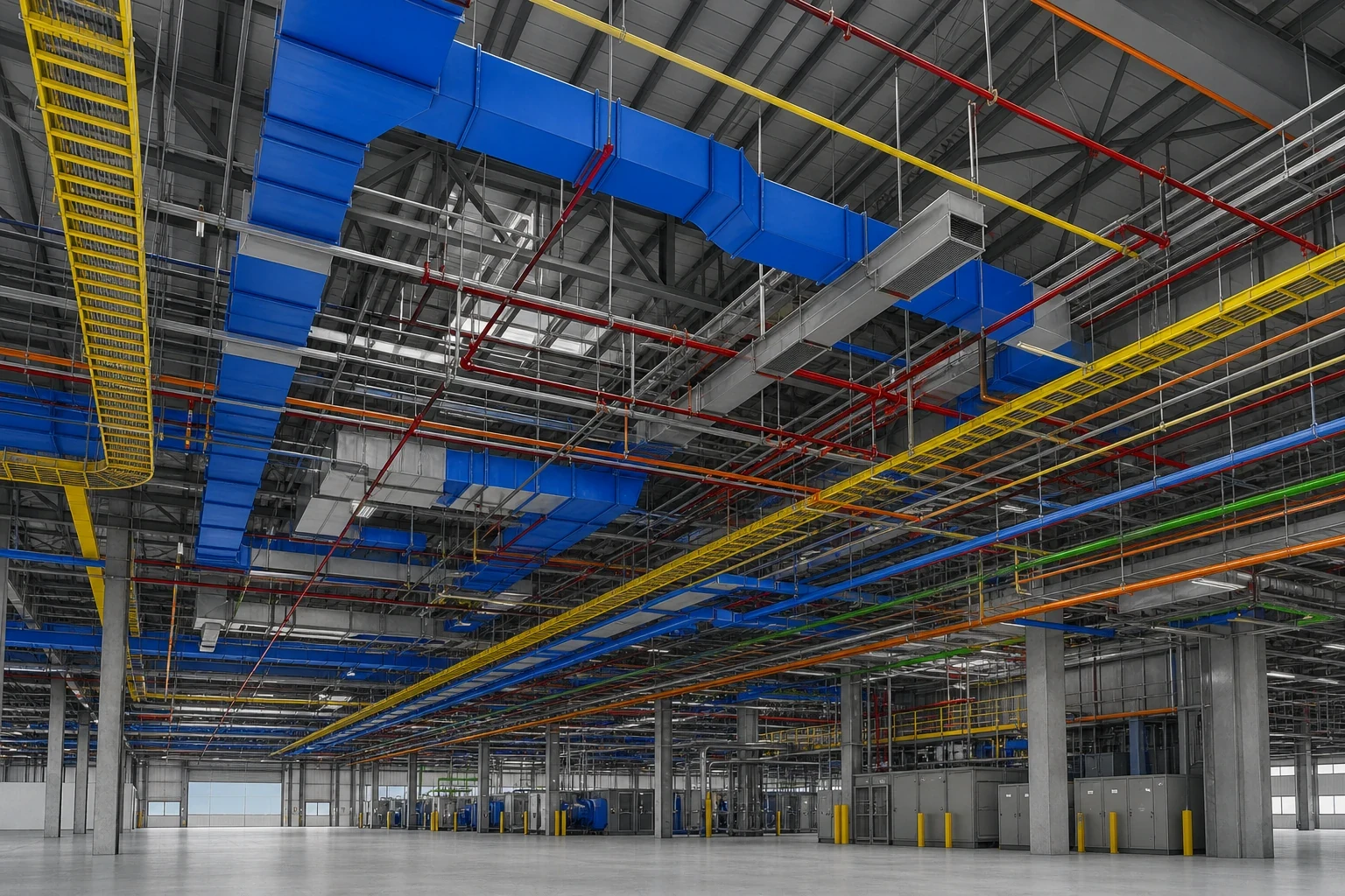 Large-Span Industrial Facility mep coordination showing high-level HVAC, fire protection and containment