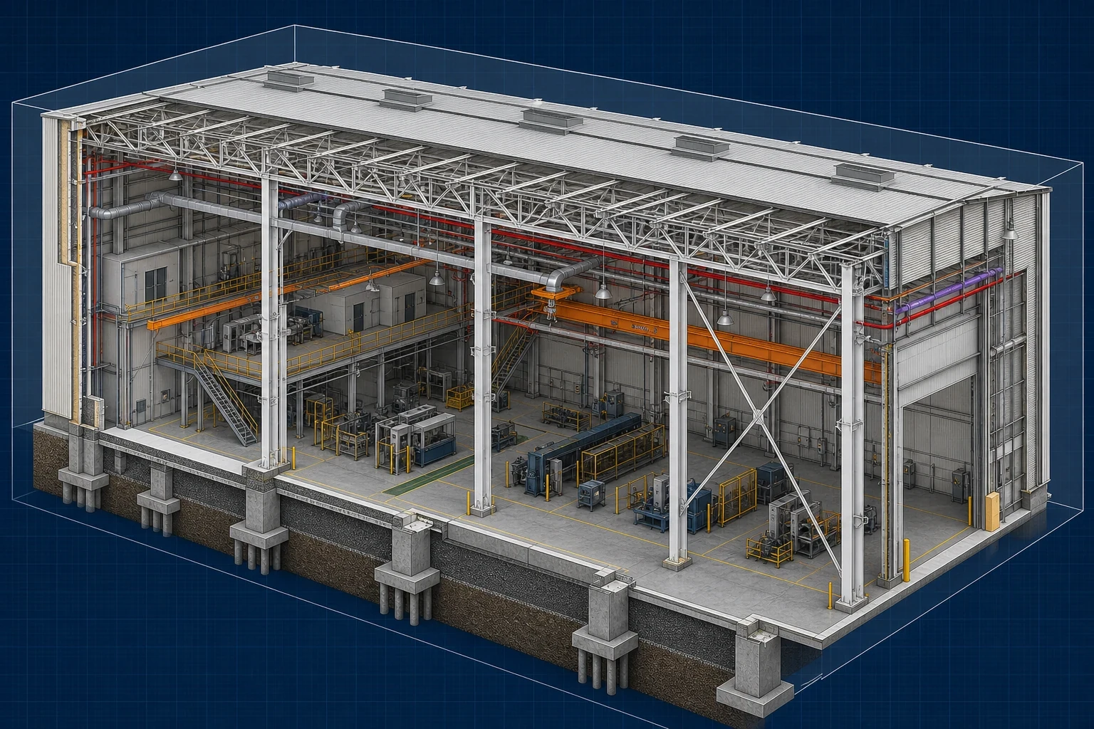 Large-Span Industrial Facility section box showing roof trusses, operational floor and services
