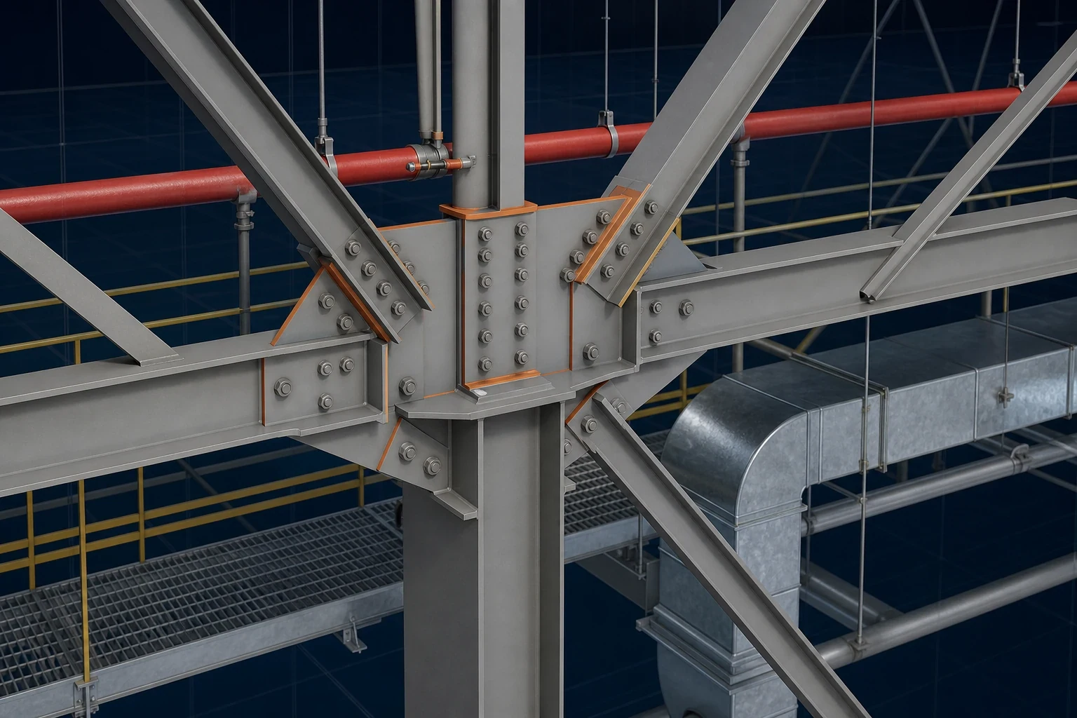 Large-Span Industrial Facility technical close-up showing long-span truss connection and service routing