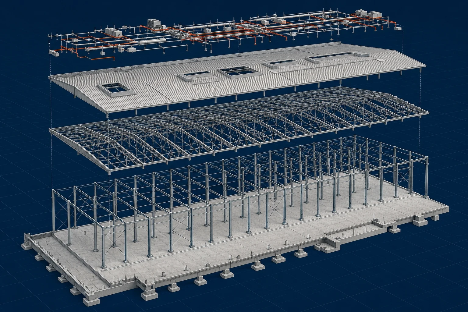 Large-Span Industrial Facility exploded or phased view showing foundations, frame, roof, enclosure and services