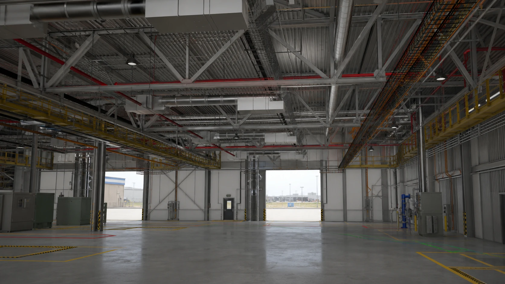 Large-Span Industrial Facility internal coordination view showing operational clearances below trusses and services