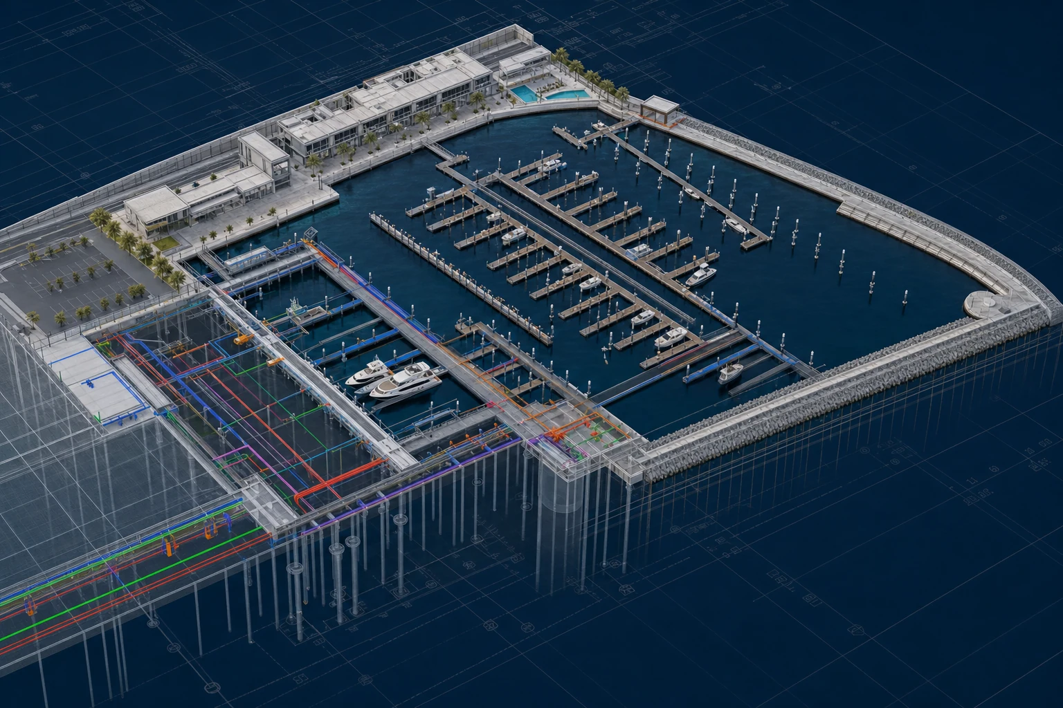 Luxury Marina Development overall federated model showing pontoons, gangways, piles, utilities and waterfront