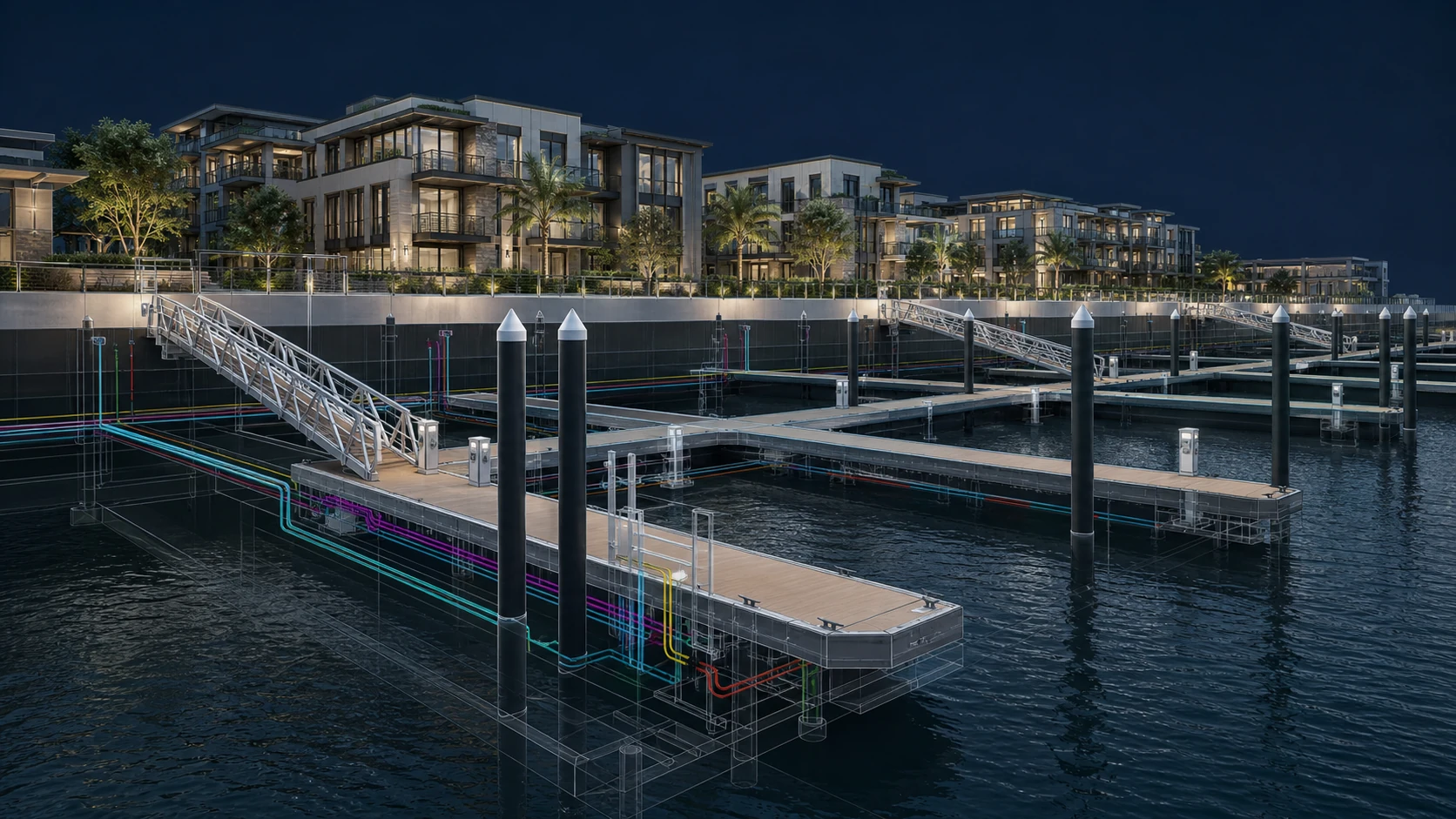 Luxury Marina Development opposite-side exterior view showing opposite waterside view and promenade