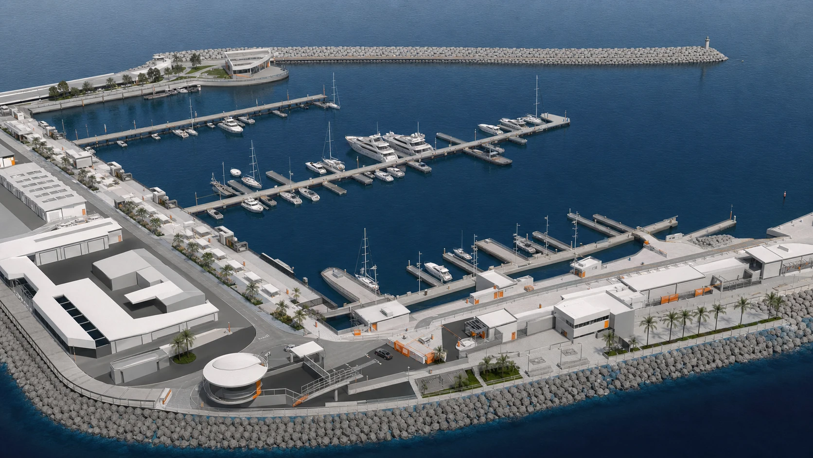 Luxury Marina Development architectural model showing pontoon layout, berthing fingers and circulation