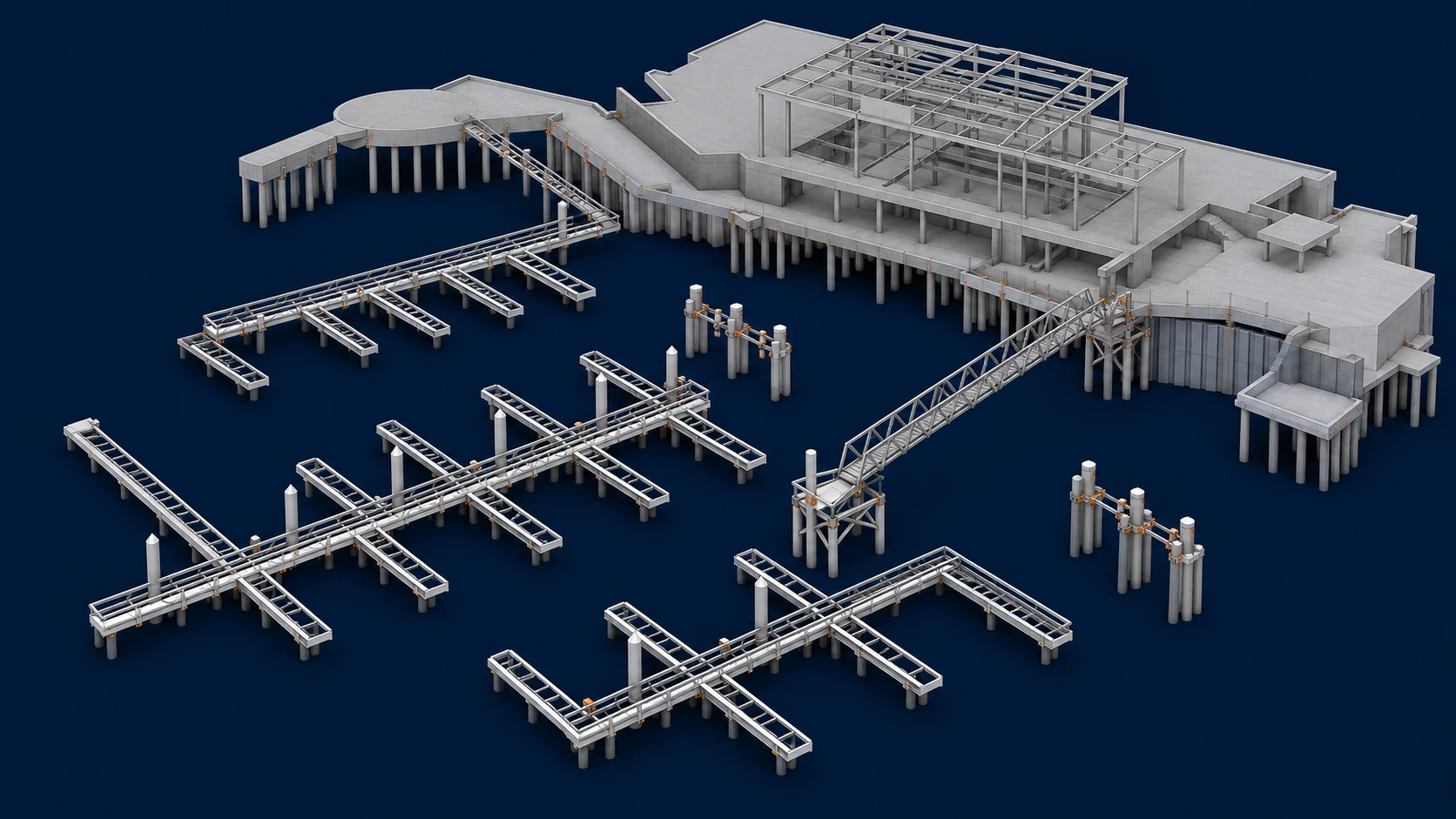 Luxury Marina Development structural model showing piles, pontoon frames and gangway supports