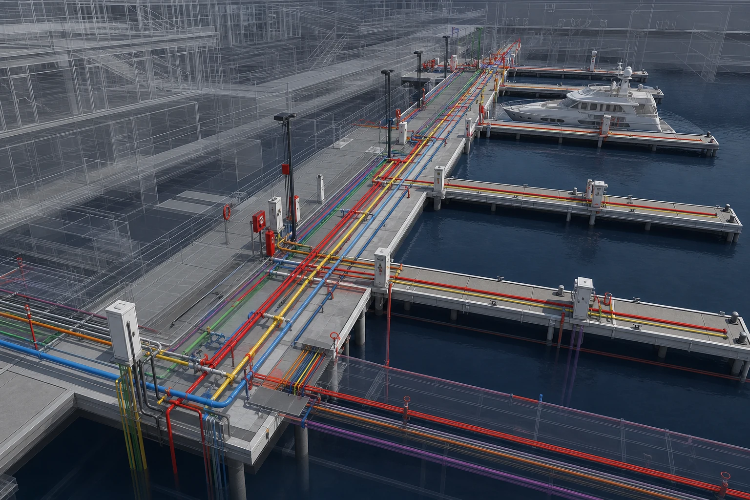 Luxury Marina Development mep coordination showing services routed through pontoons and gangways