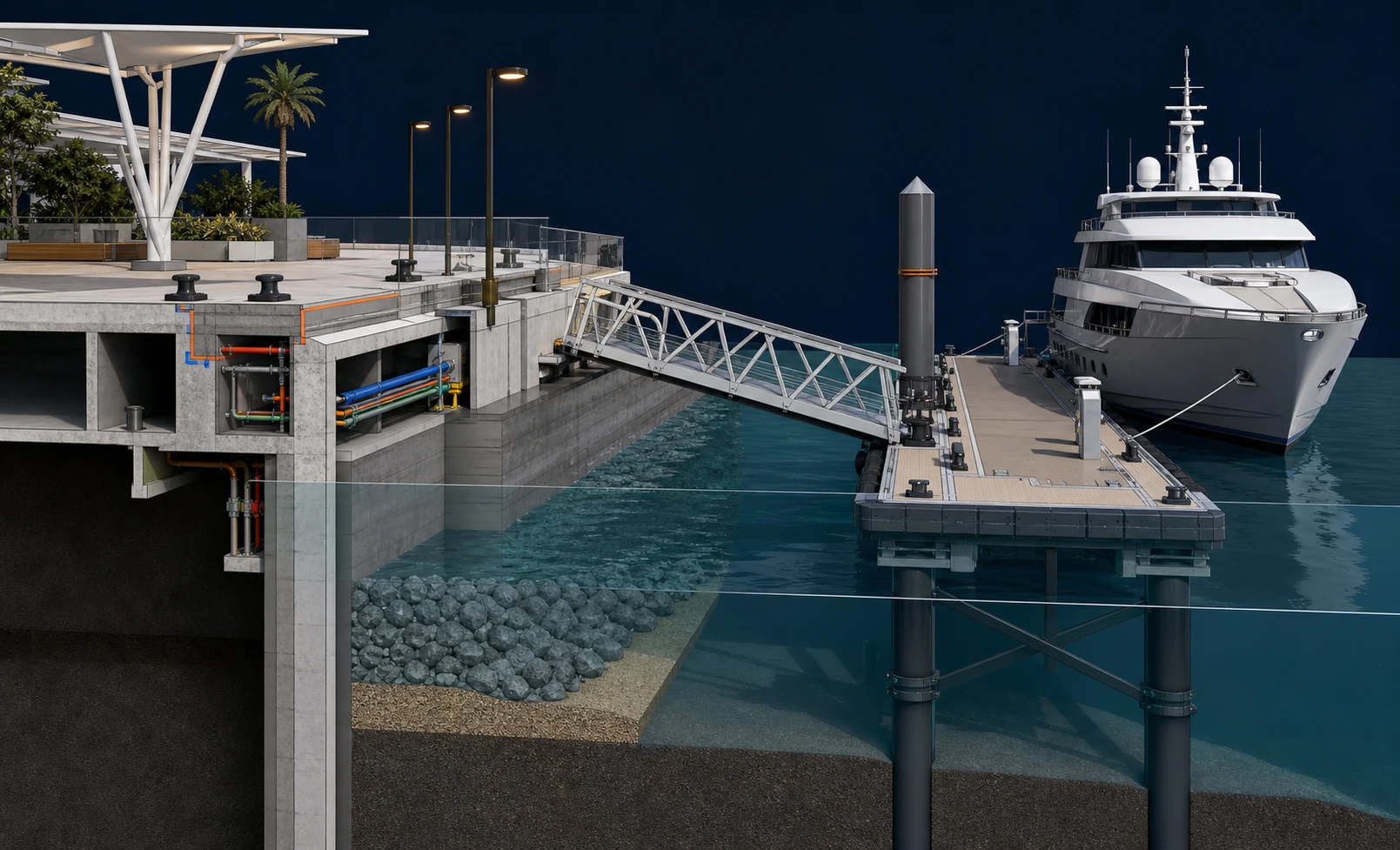 Luxury Marina Development section box showing waterline, piles, gangway and waterfront