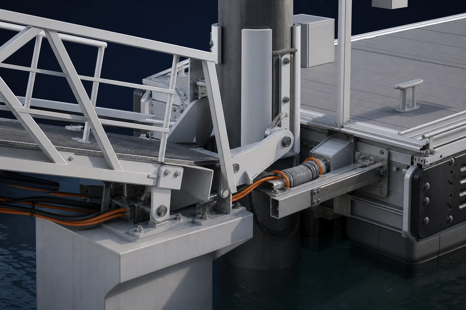 Luxury Marina Development technical close-up showing gangway, pile guide and utility connection