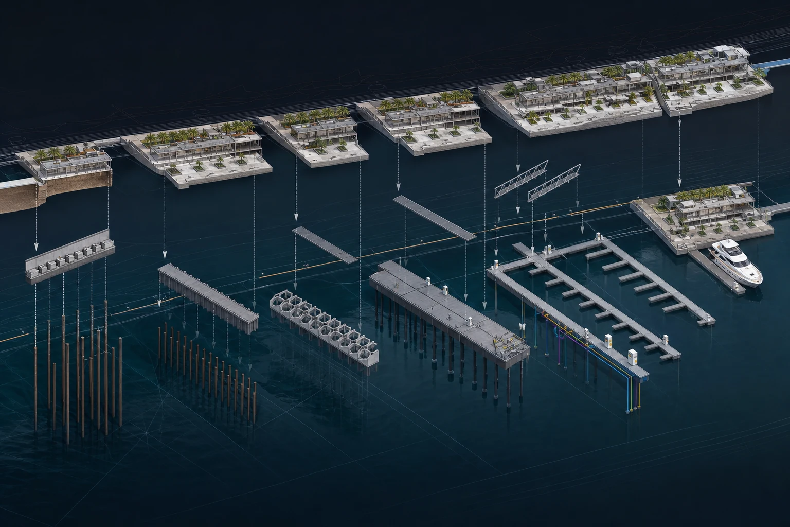 Luxury Marina Development exploded or phased view showing piles, pontoons, gangways and waterfront components