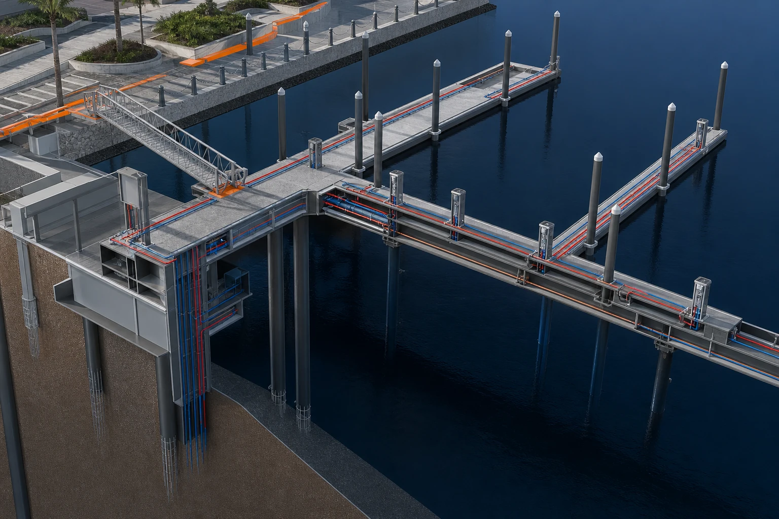 Luxury Marina Development internal coordination view showing pontoon utility corridor and interfaces