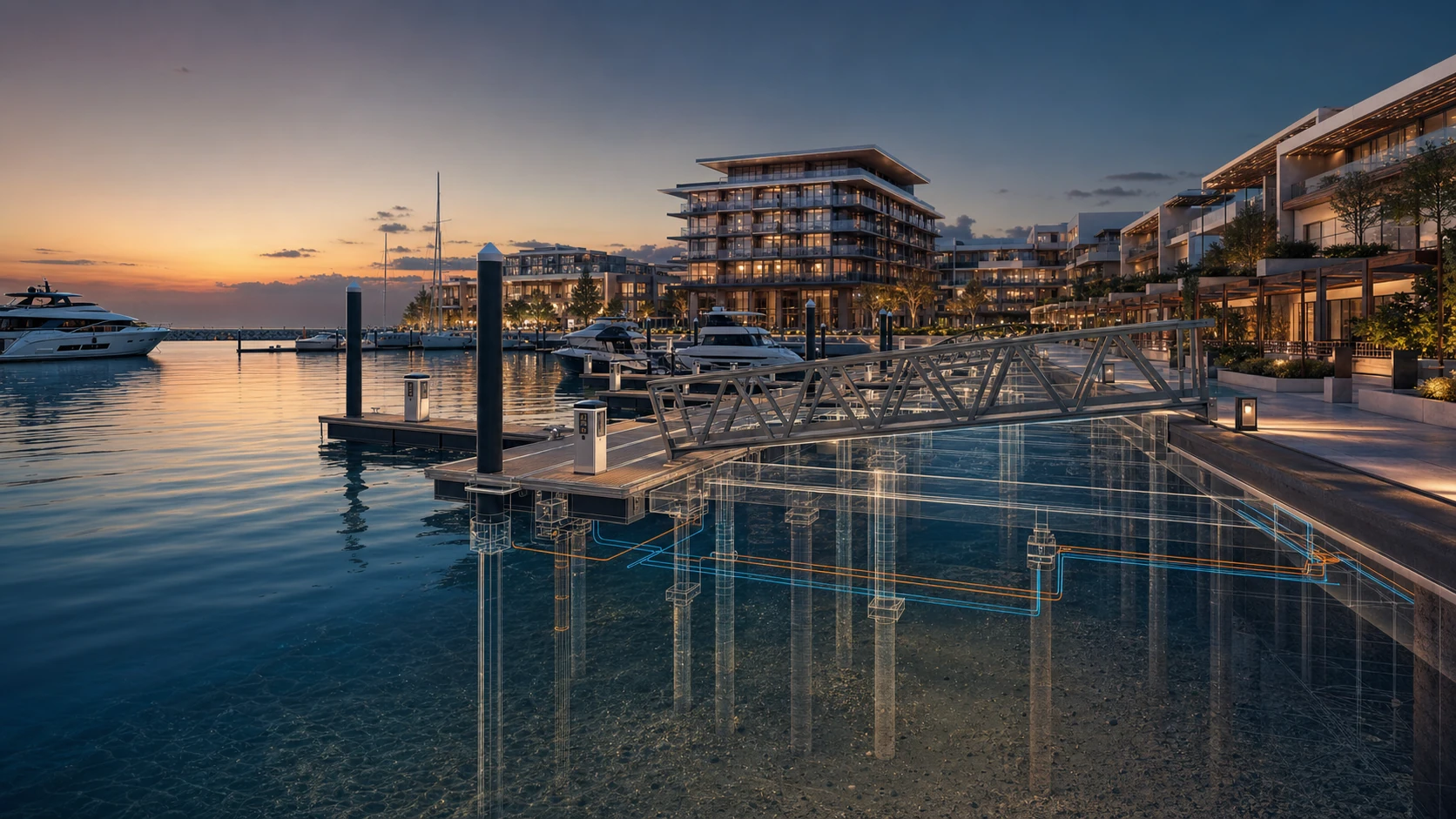 Luxury Marina Development client presentation view showing completed luxury marina development