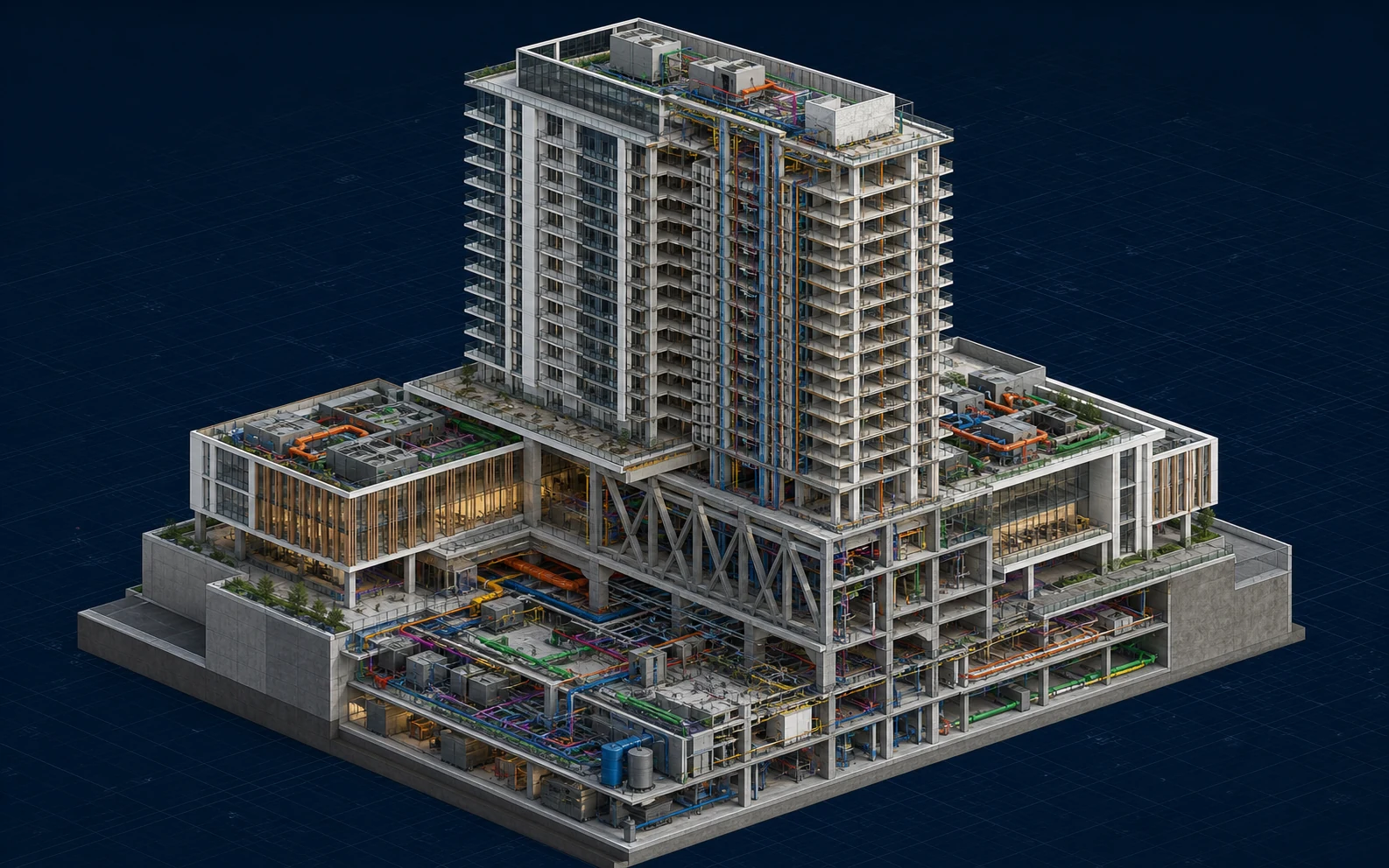 Mixed-Use Development overall federated model showing tower, podium, transfer structure and coordinated services
