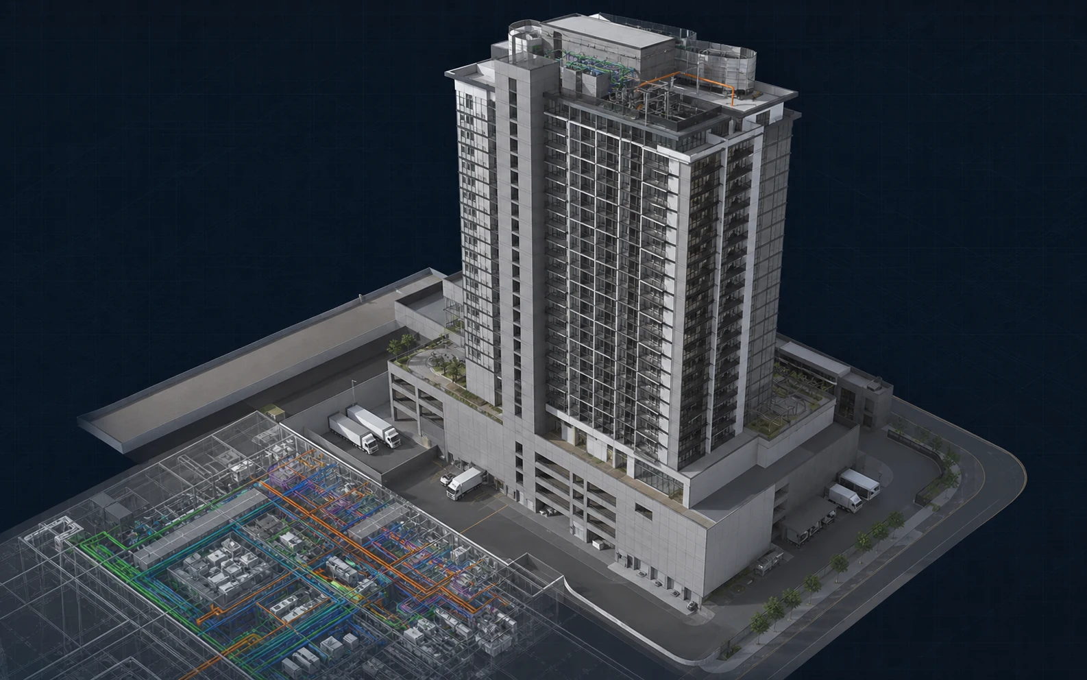 Mixed-Use Development opposite-side exterior view showing opposite podium edge, facade and basement services
