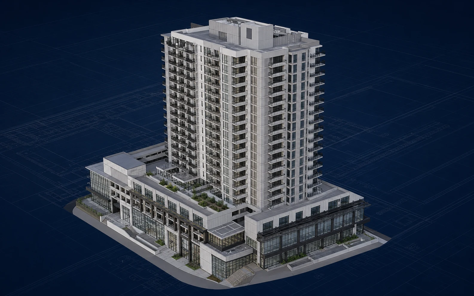 Mixed-Use Development architectural model showing envelope, podium planning and circulation