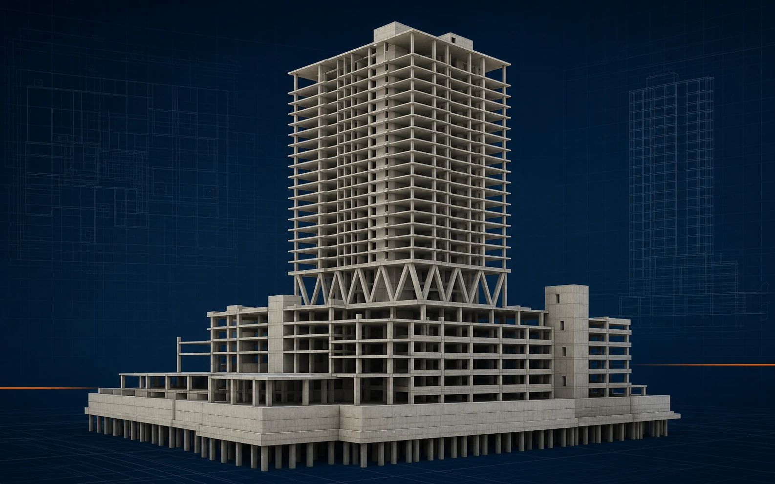Mixed-Use Development structural model showing concrete core, slabs, columns and transfer structure