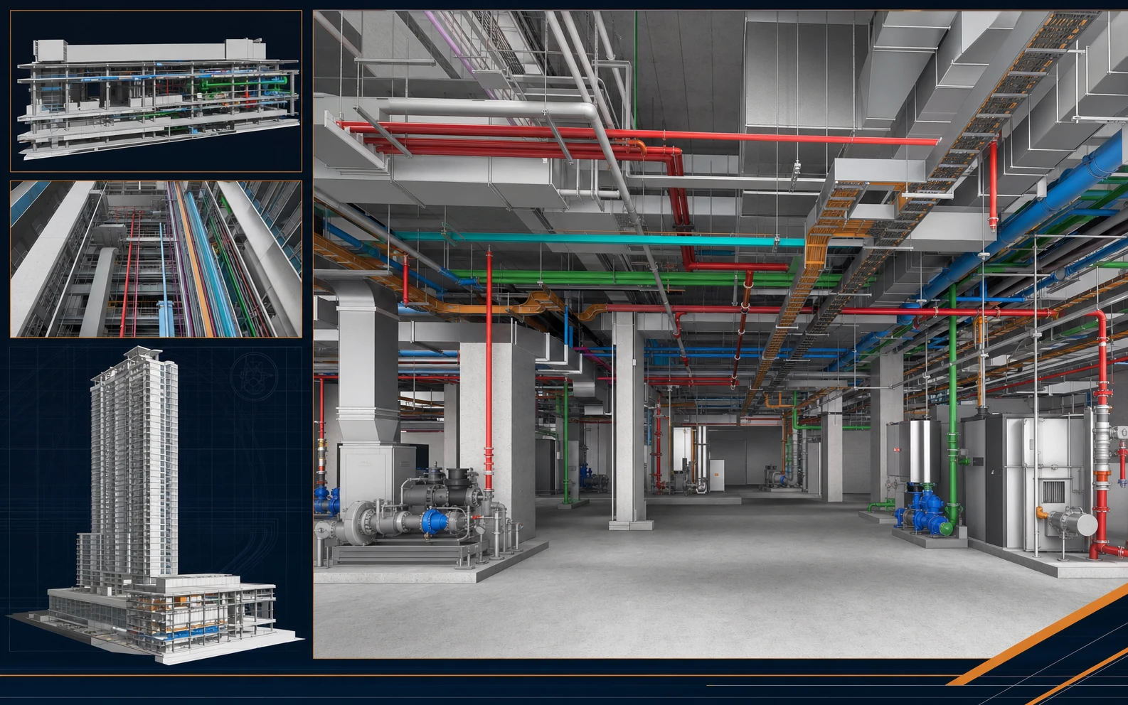 Mixed-Use Development mep coordination showing basement services, vertical risers and roof plant