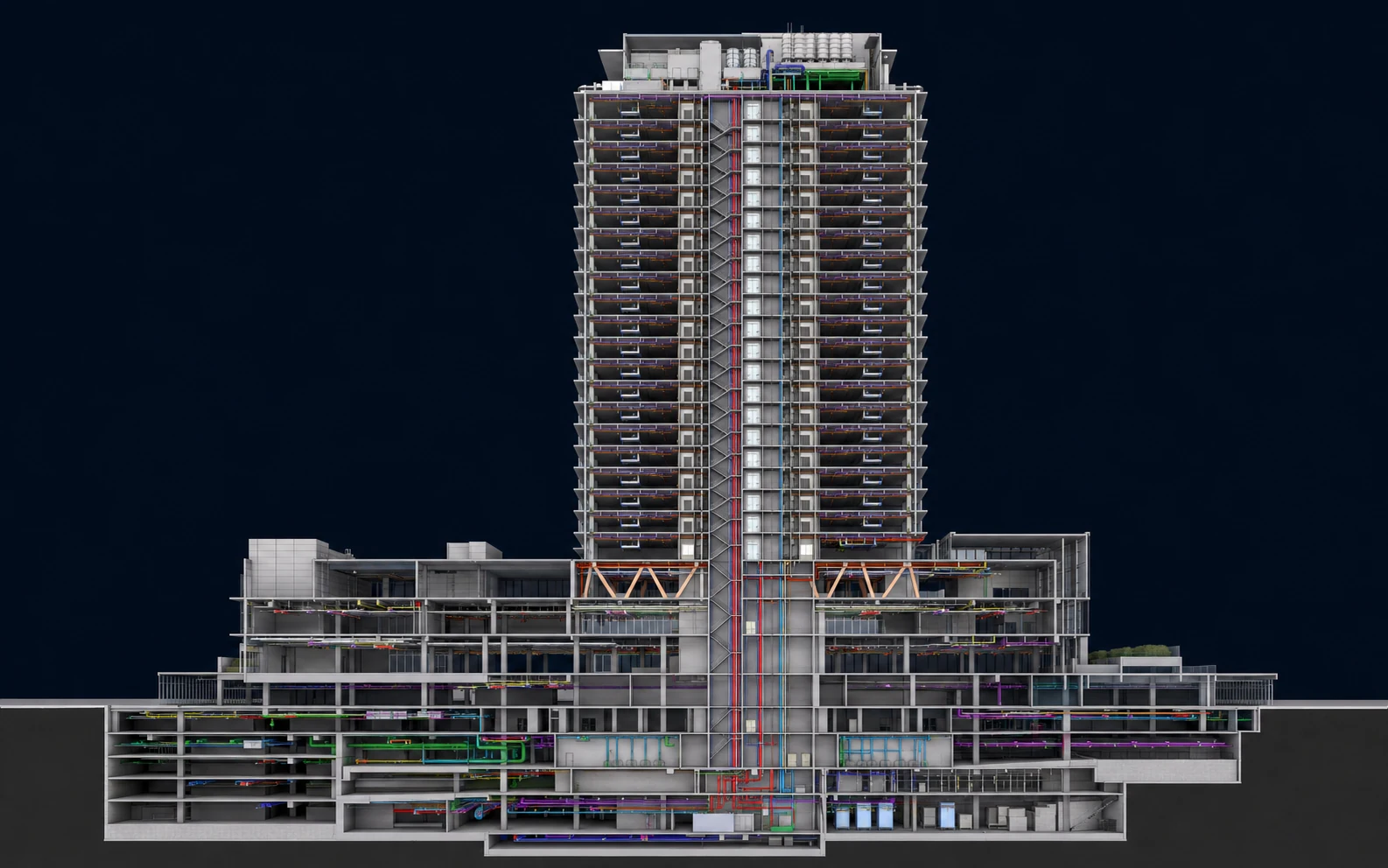 Mixed-Use Development section box showing floors, shafts, transfer structure and roof plant