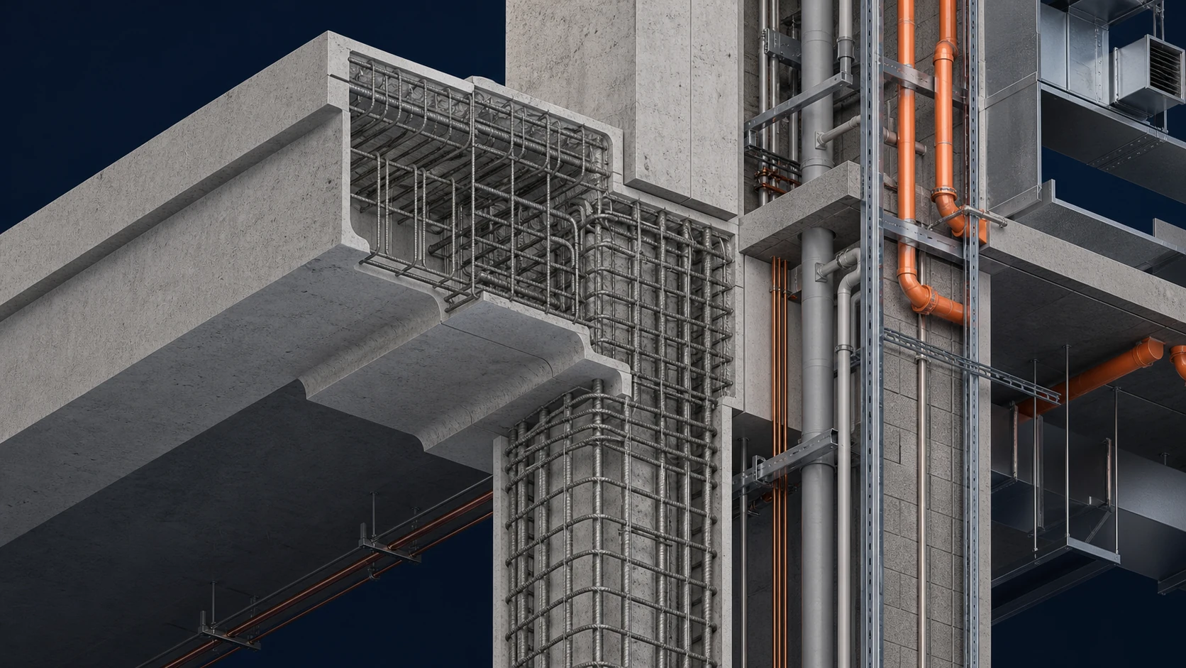Mixed-Use Development technical close-up showing transfer beam, column, facade and riser interface