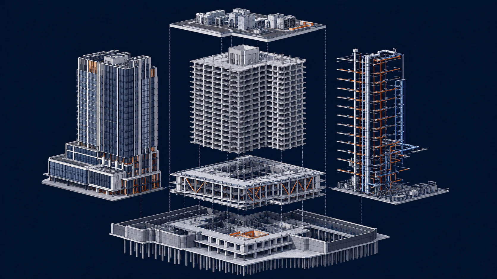 Mixed-Use Development exploded or phased view showing basement, podium, tower, envelope and services