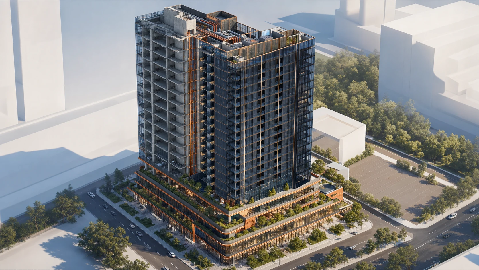 Mixed-Use Development client presentation view showing completed mixed-use tower and podium