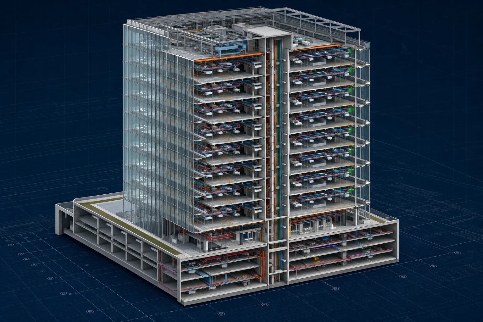 Commercial Office Tower overall federated model showing curtain wall, core, floors and coordinated services